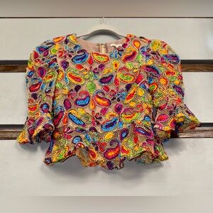 Tularosa Mila Colorful Paisley Embellished Cropped Peplum Top Size XXS Like New!